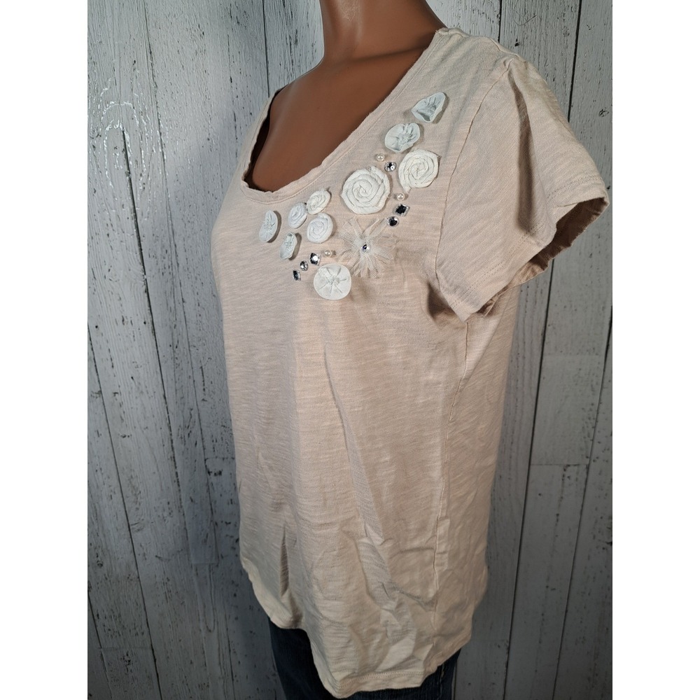 Massini Womens XL Beige Slub Cotton Tee 3D Floral Rhinestone Scoop Neck Top